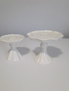 White Ceramic Small Pedestal Cake Stands - Set of 2